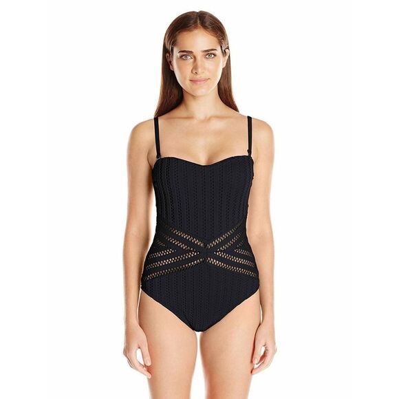 New! KENNETH COLE Crochet Bandeau Black Women's One-Piece Swimsuit Bathing Suit - Picture 2 of 9